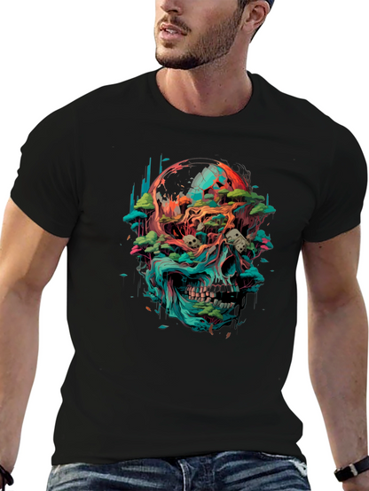 Camiseta Negra con Diseño de Cráneo y Naturaleza