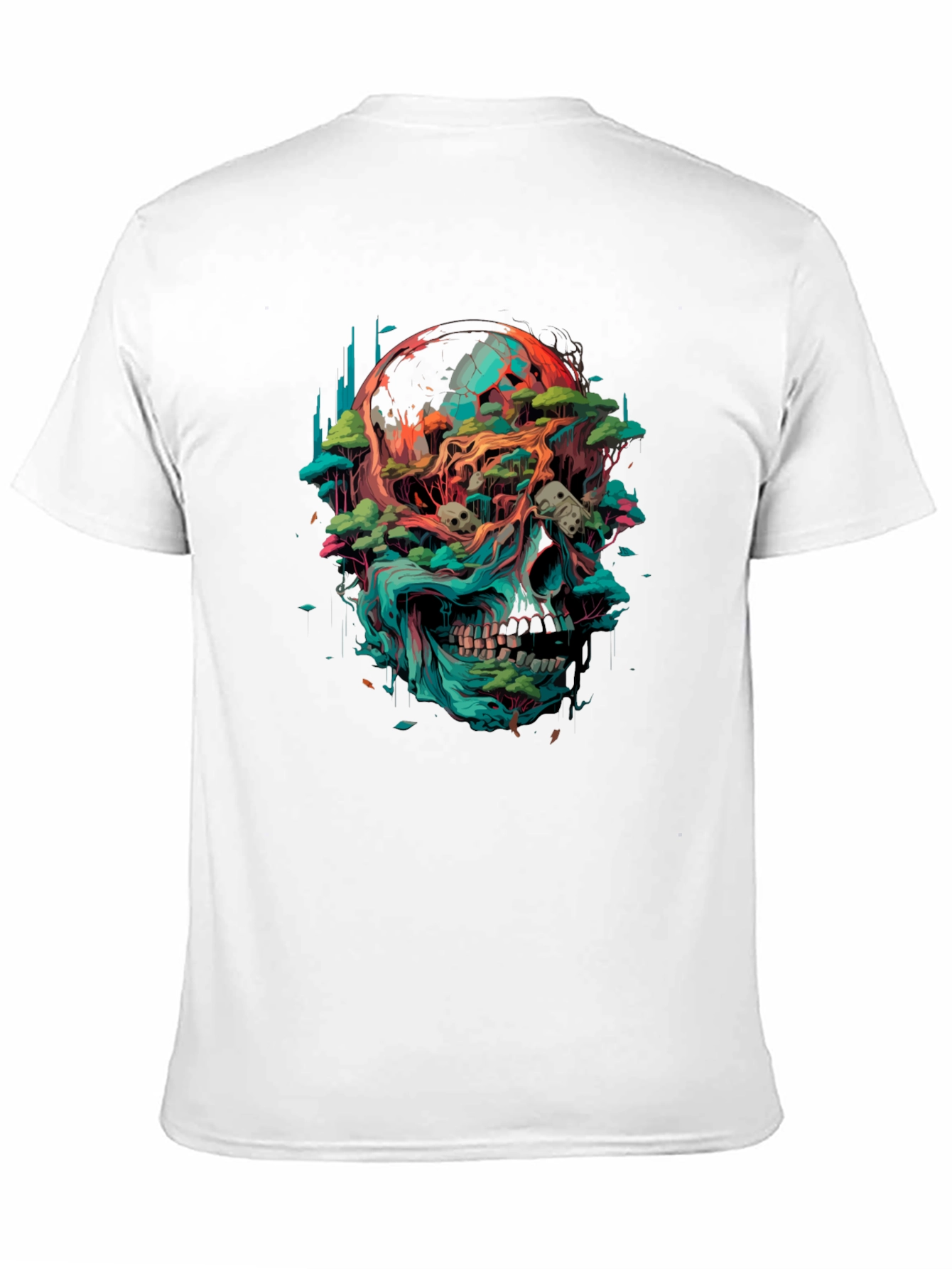 Camiseta Negra con Diseño de Cráneo y Naturaleza
