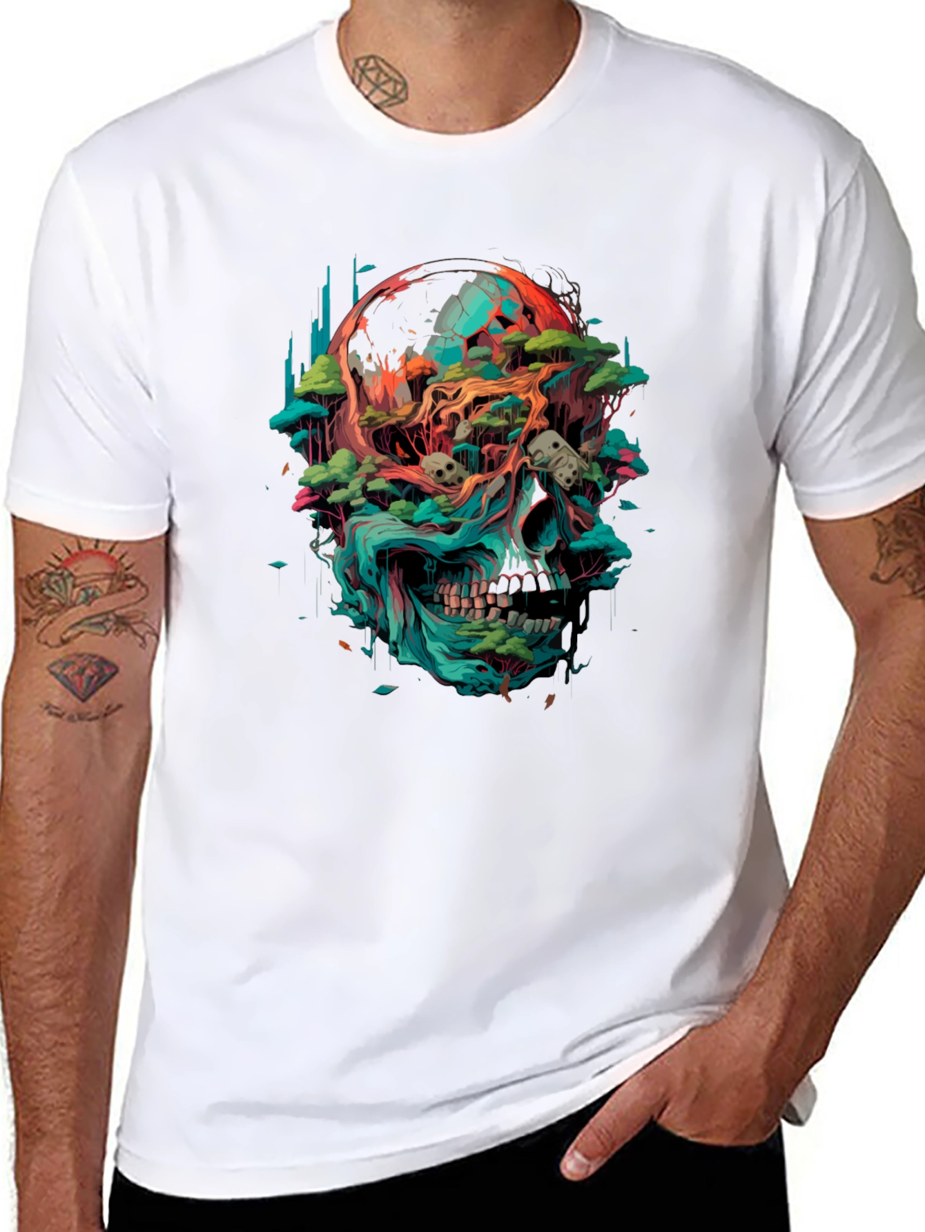 Camiseta Negra con Diseño de Cráneo y Naturaleza