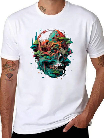 Camiseta Negra con Diseño de Cráneo y Naturaleza
