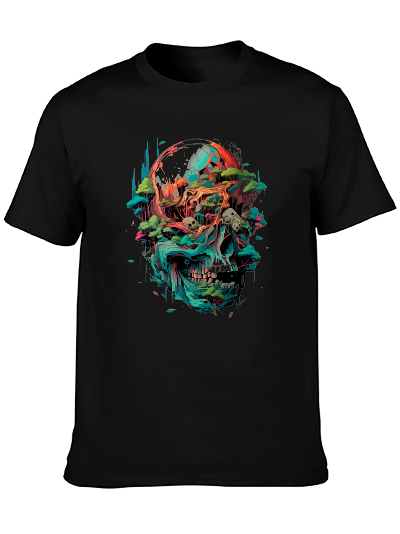 Camiseta Negra con Diseño de Cráneo y Naturaleza