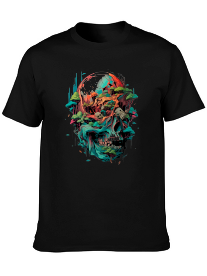 Camiseta Negra con Diseño de Cráneo y Naturaleza