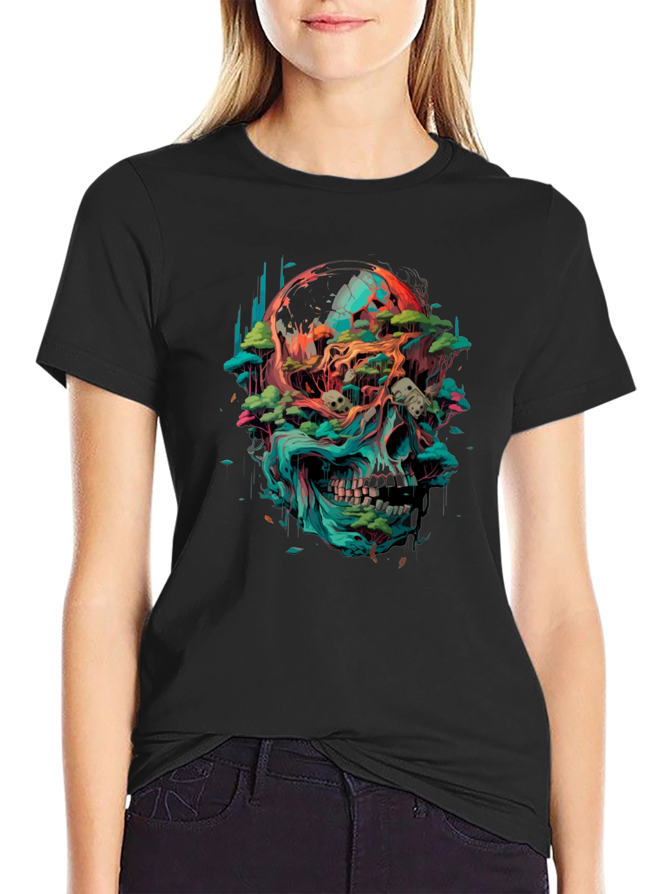 Camiseta Negra con Diseño de Cráneo y Naturaleza
