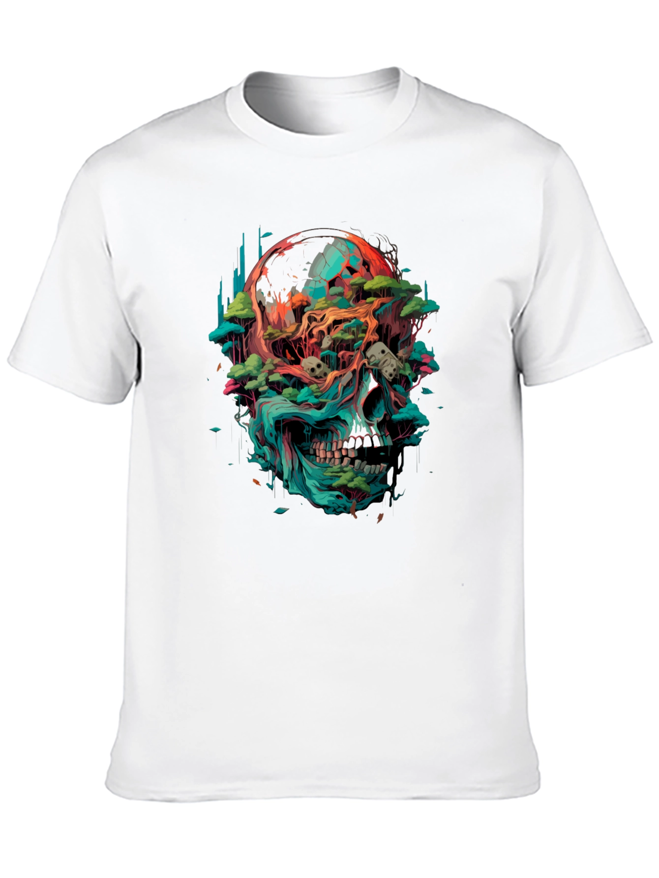 Camiseta Negra con Diseño de Cráneo y Naturaleza