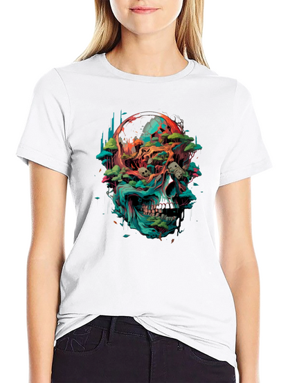 Camiseta Negra con Diseño de Cráneo y Naturaleza