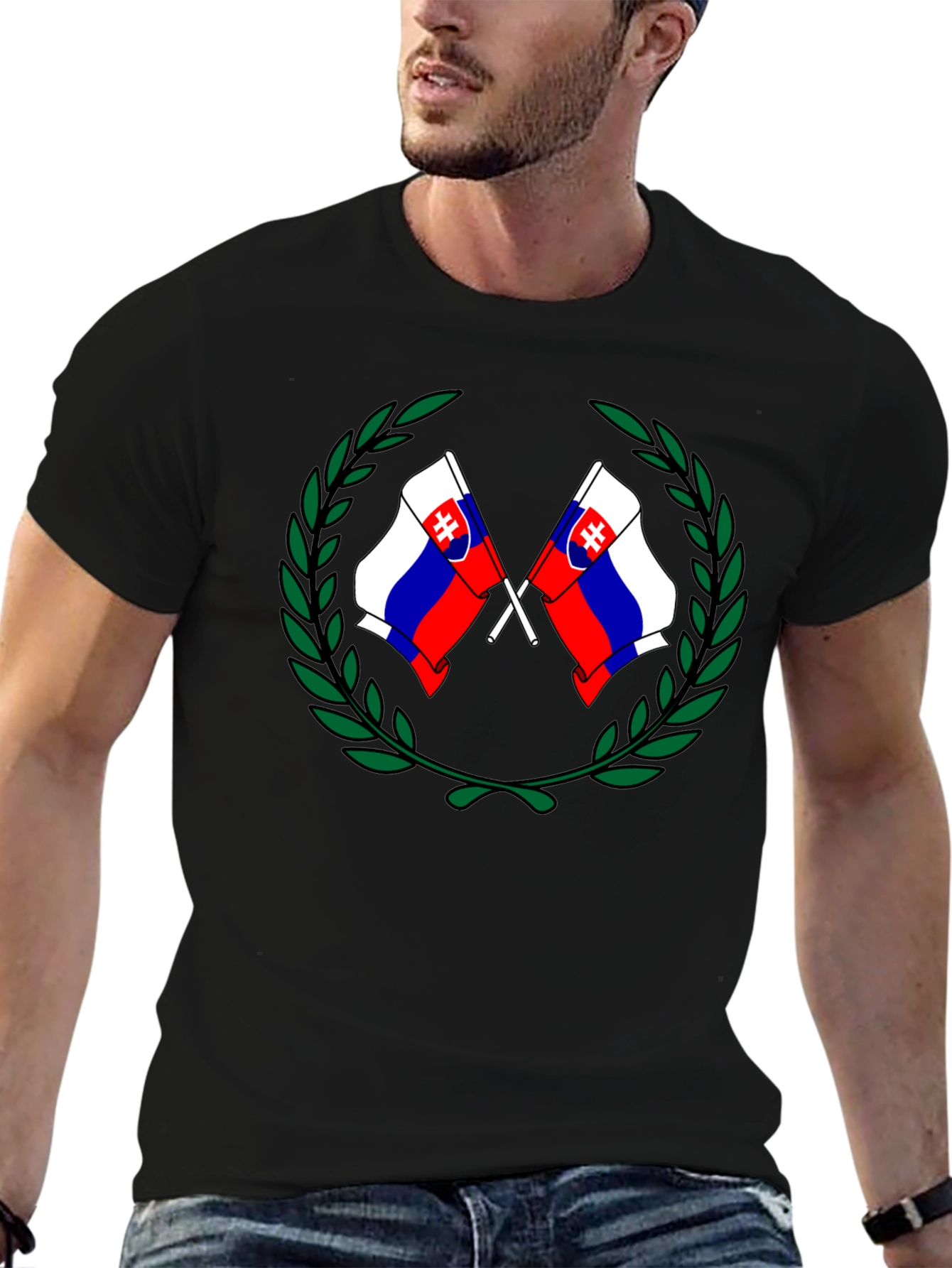 Camiseta Negra con Diseño de Banderas Eslovacas