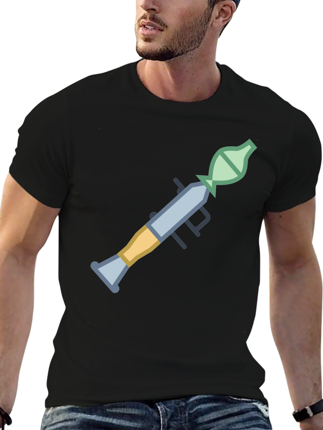 Camiseta Negra con Diseño Gráfico de Lanzacohetes