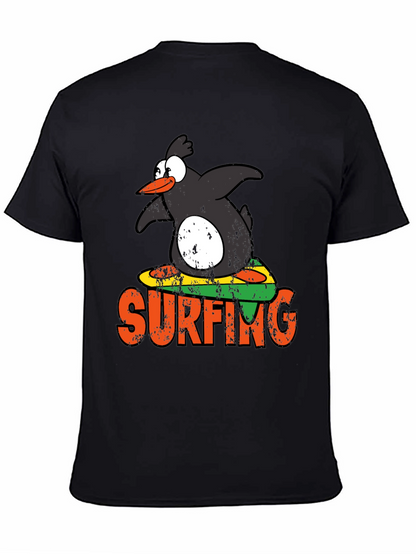 Camiseta Negra Pingüino Surfista Divertida