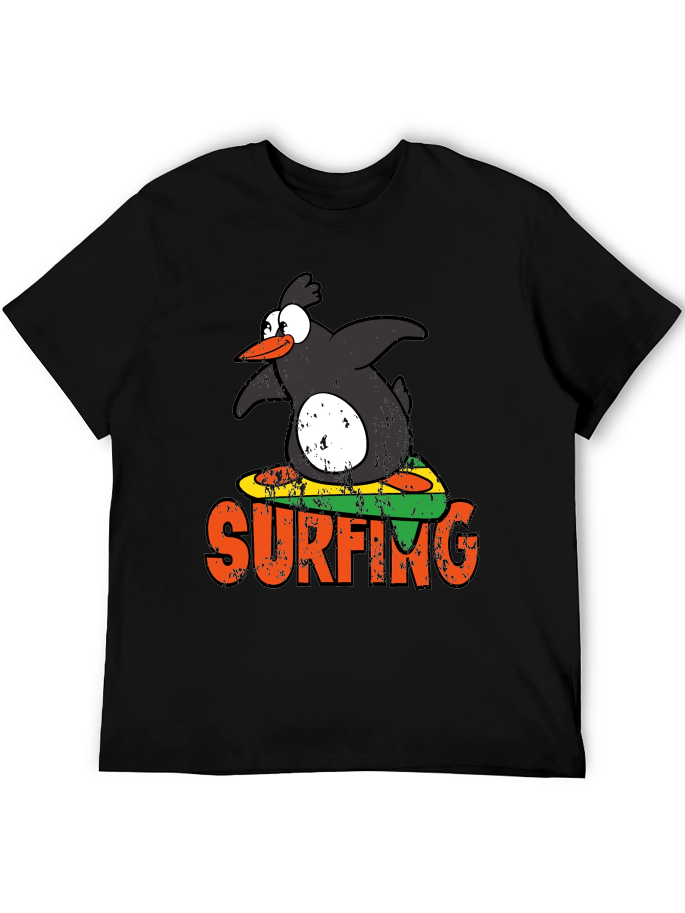 Camiseta Negra Pingüino Surfista Divertida