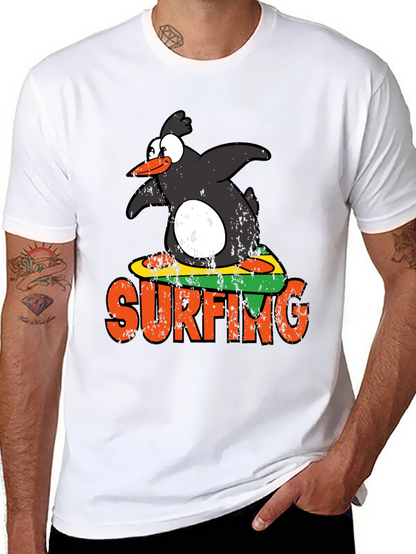 Camiseta Negra Pingüino Surfista Divertida