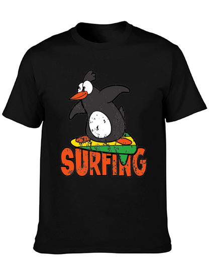 Camiseta Negra Pingüino Surfista Divertida