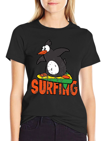 Camiseta Negra Pingüino Surfista Divertida