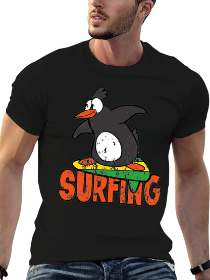 Camiseta Negra Pingüino Surfista Divertida
