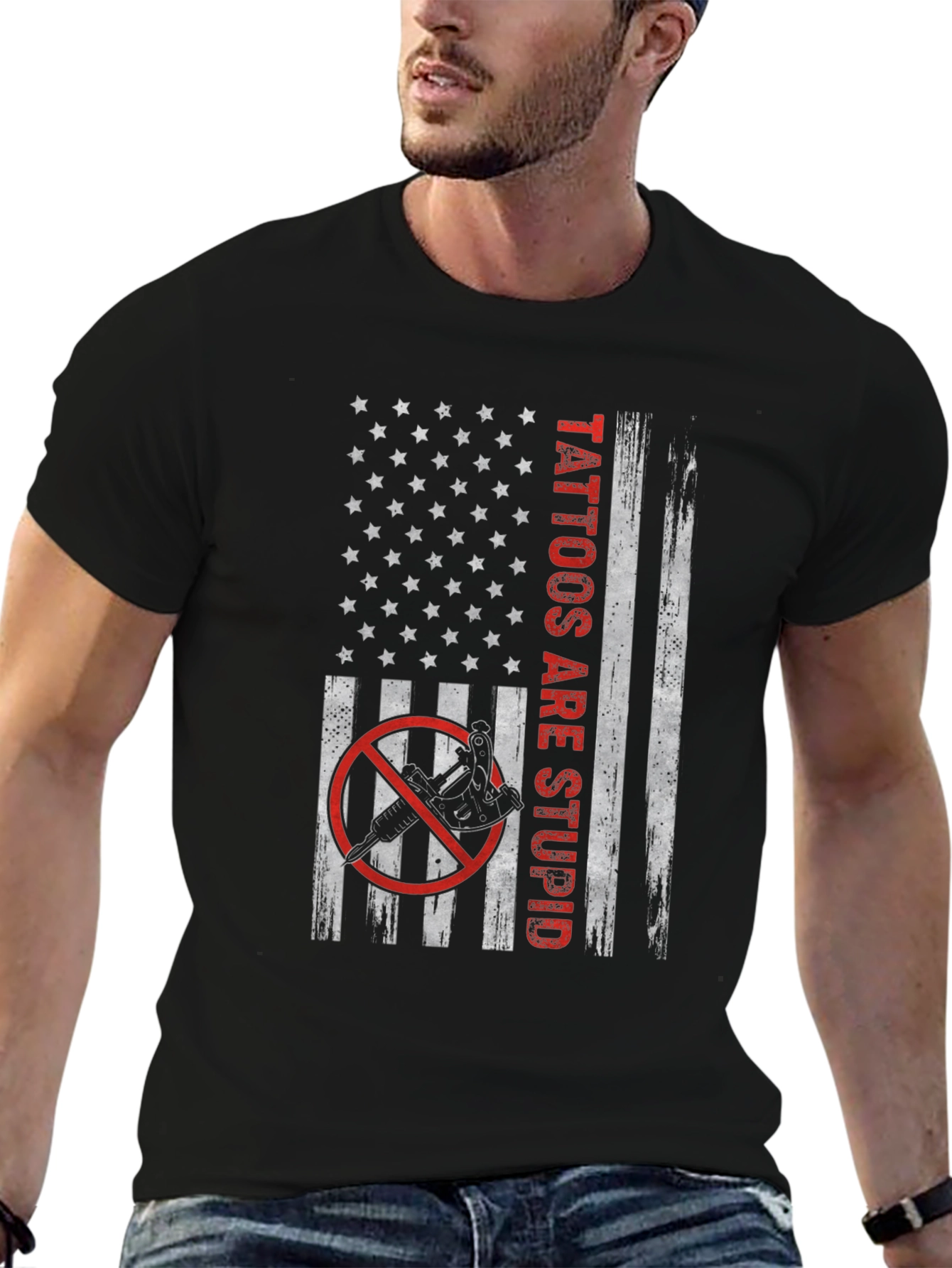 Camiseta Negra Tattoos Are Stupid Bandera Americana