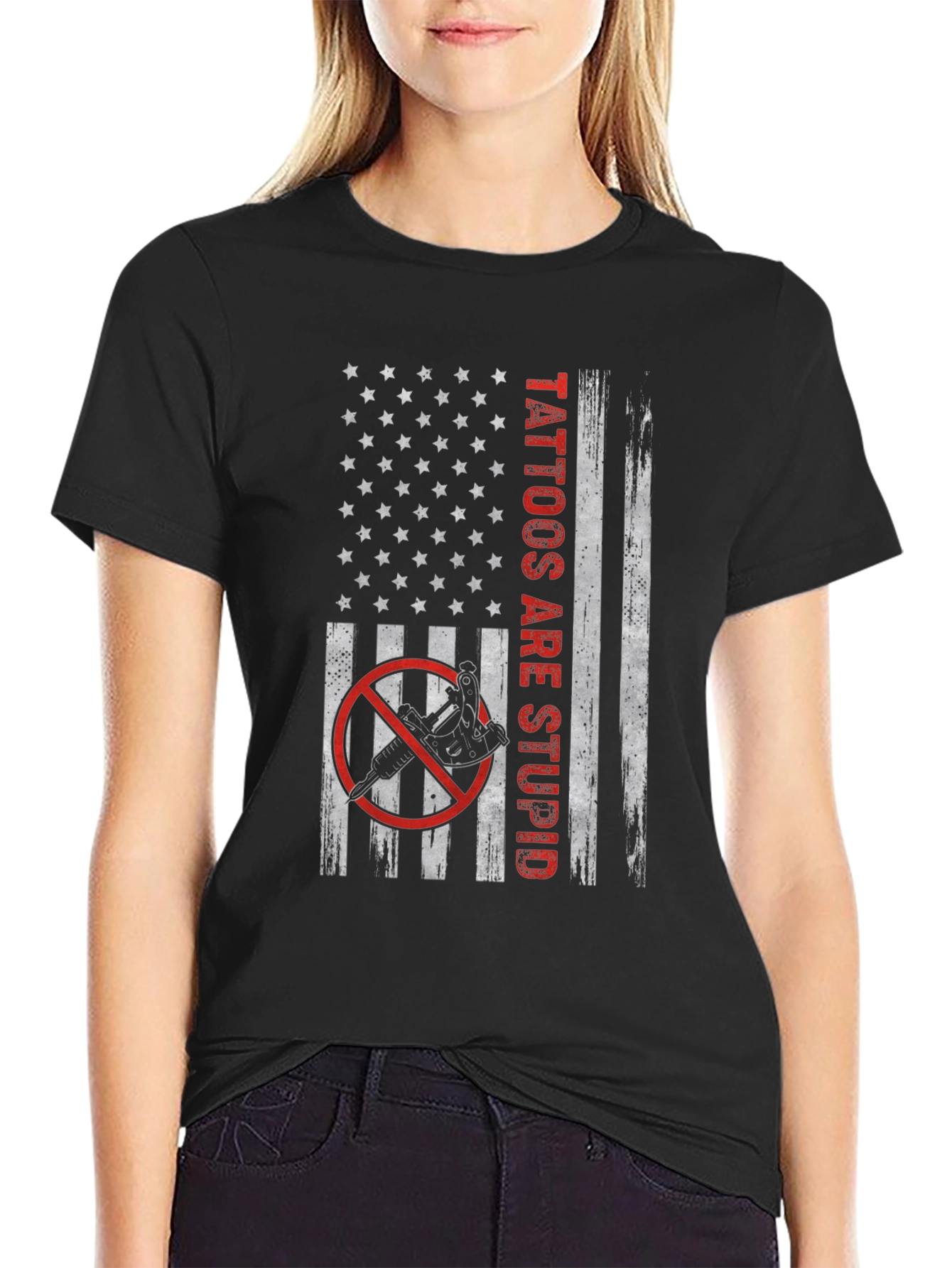 Camiseta Negra Tattoos Are Stupid Bandera Americana