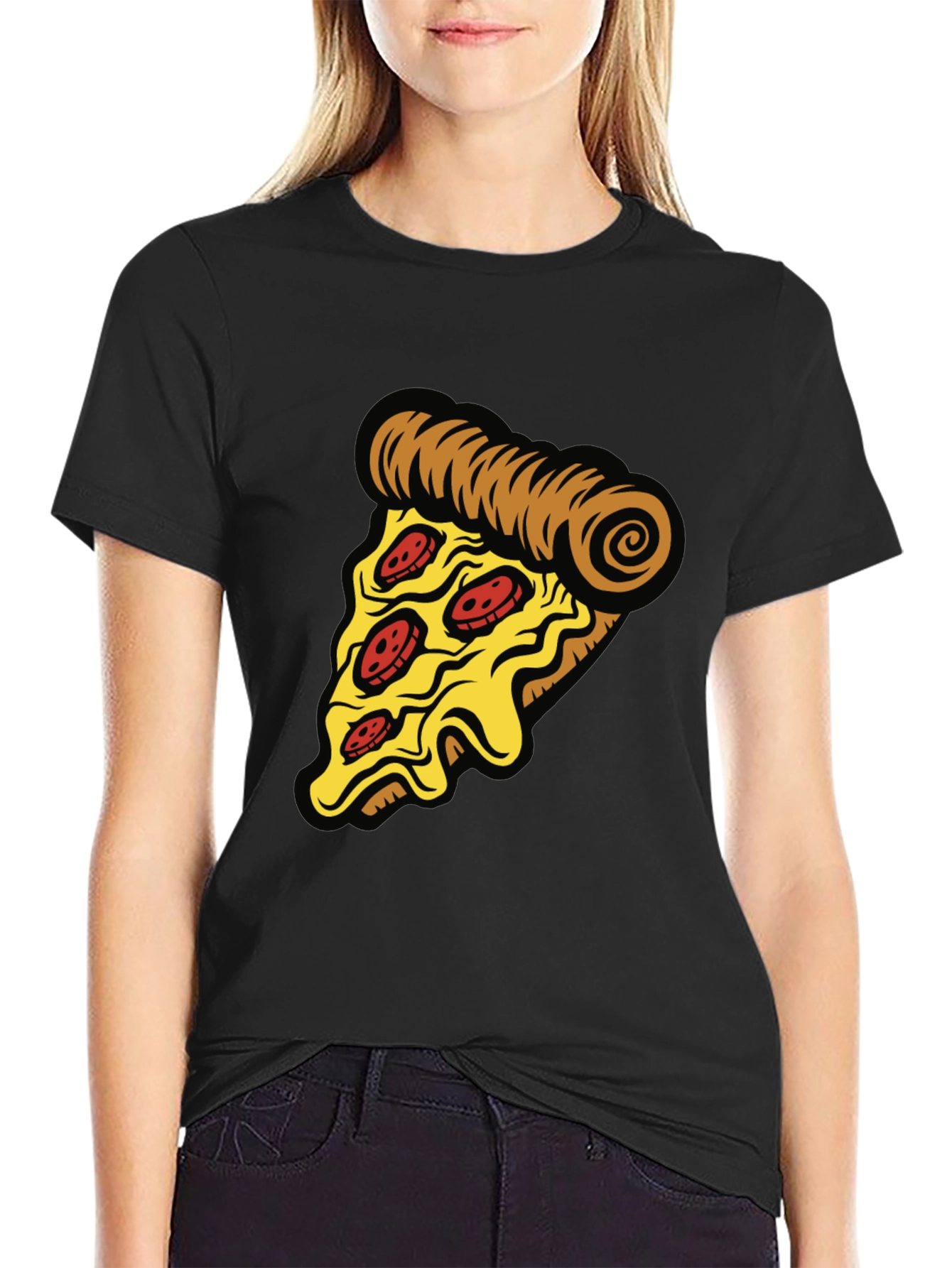 Camiseta Negra con Diseño de Pizza