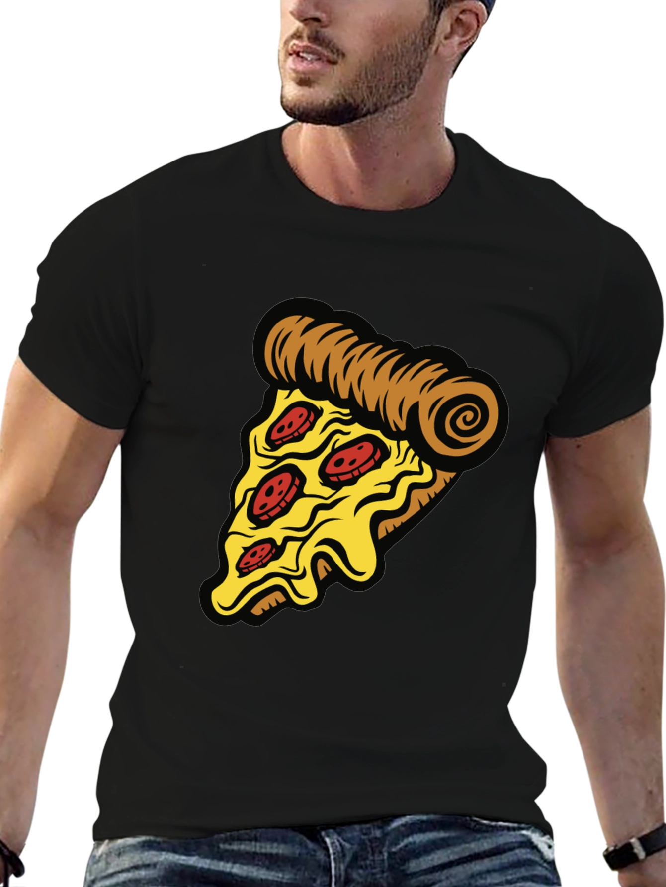 Camiseta Negra con Diseño de Pizza