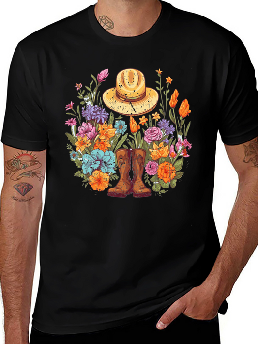 Camiseta Floral Vintage con Botas y Sombrero