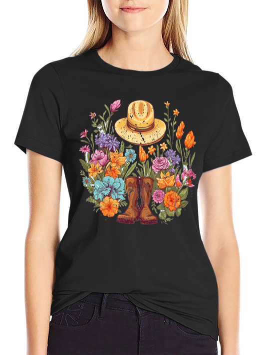 Camiseta Floral Vintage con Botas y Sombrero