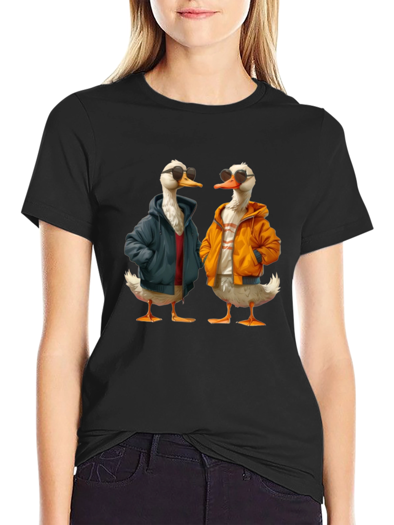 Camiseta Negra con Estampado de Patos Hipsters