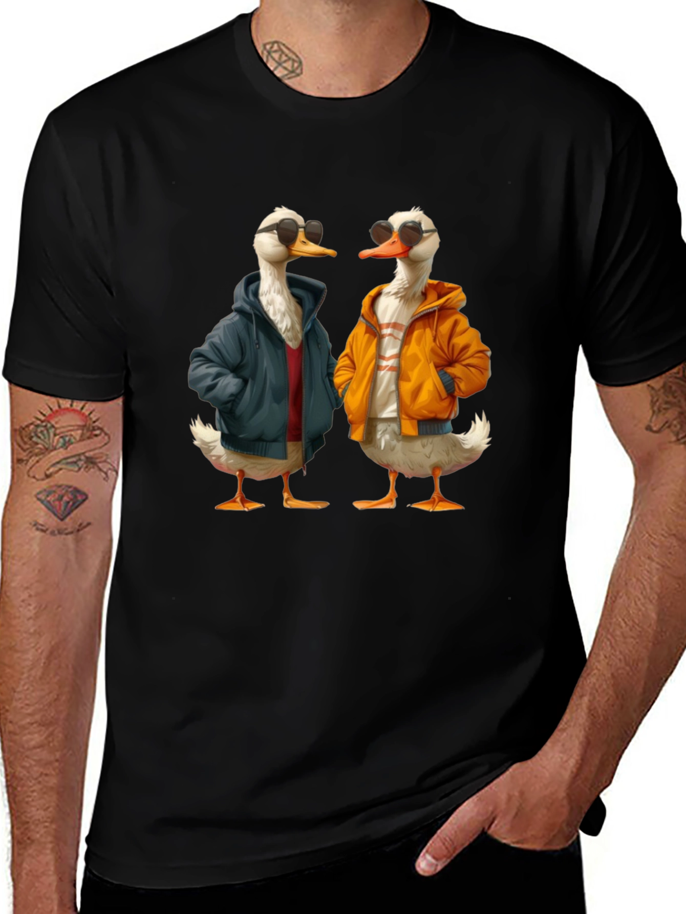 Camiseta Negra con Estampado de Patos Hipsters