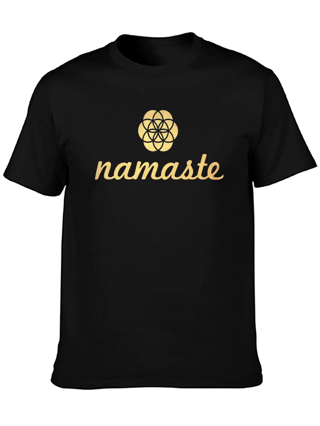 Camiseta Negra Namaste con Diseño Floral Dorado