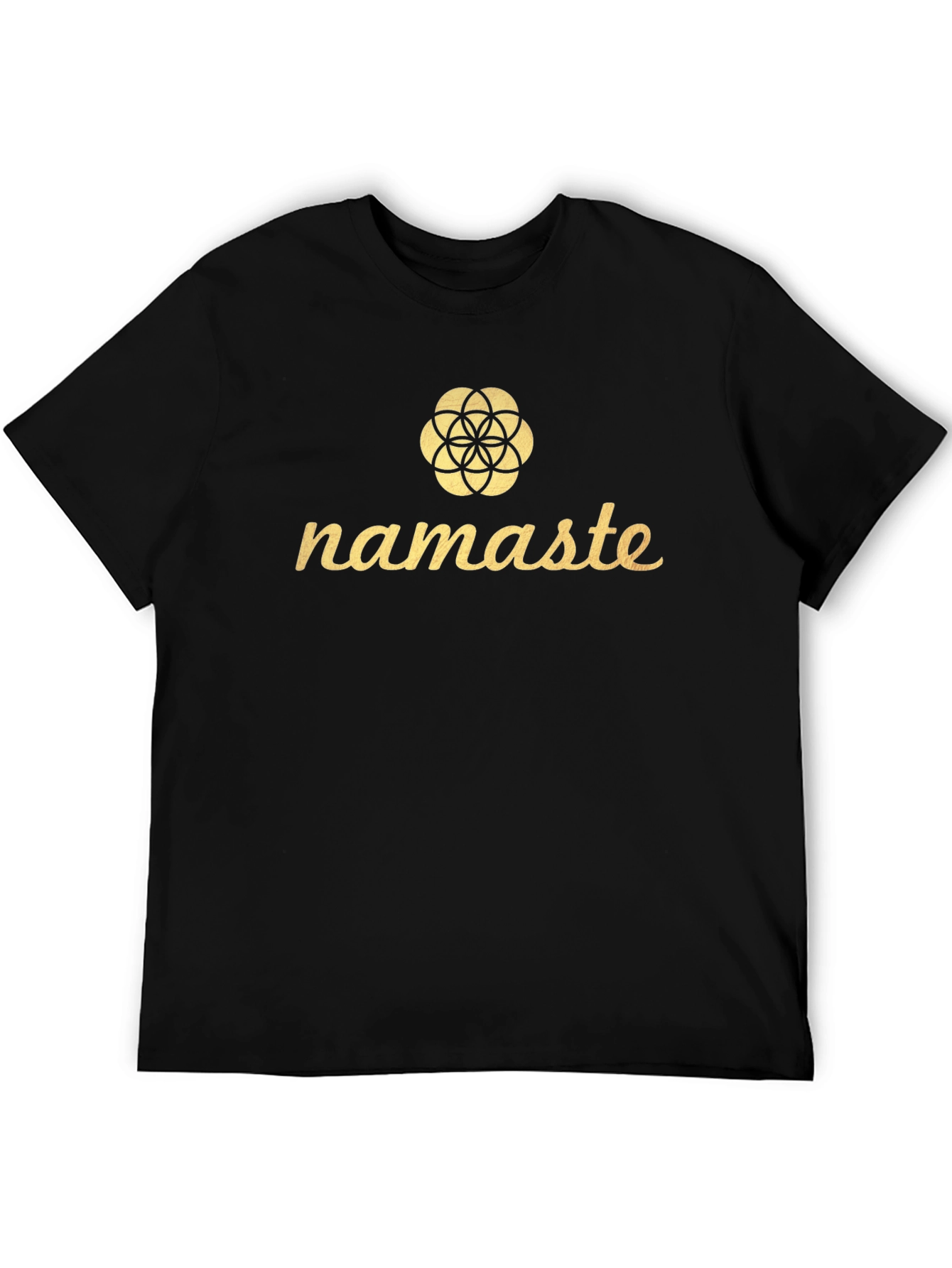 Camiseta Negra Namaste con Diseño Floral Dorado