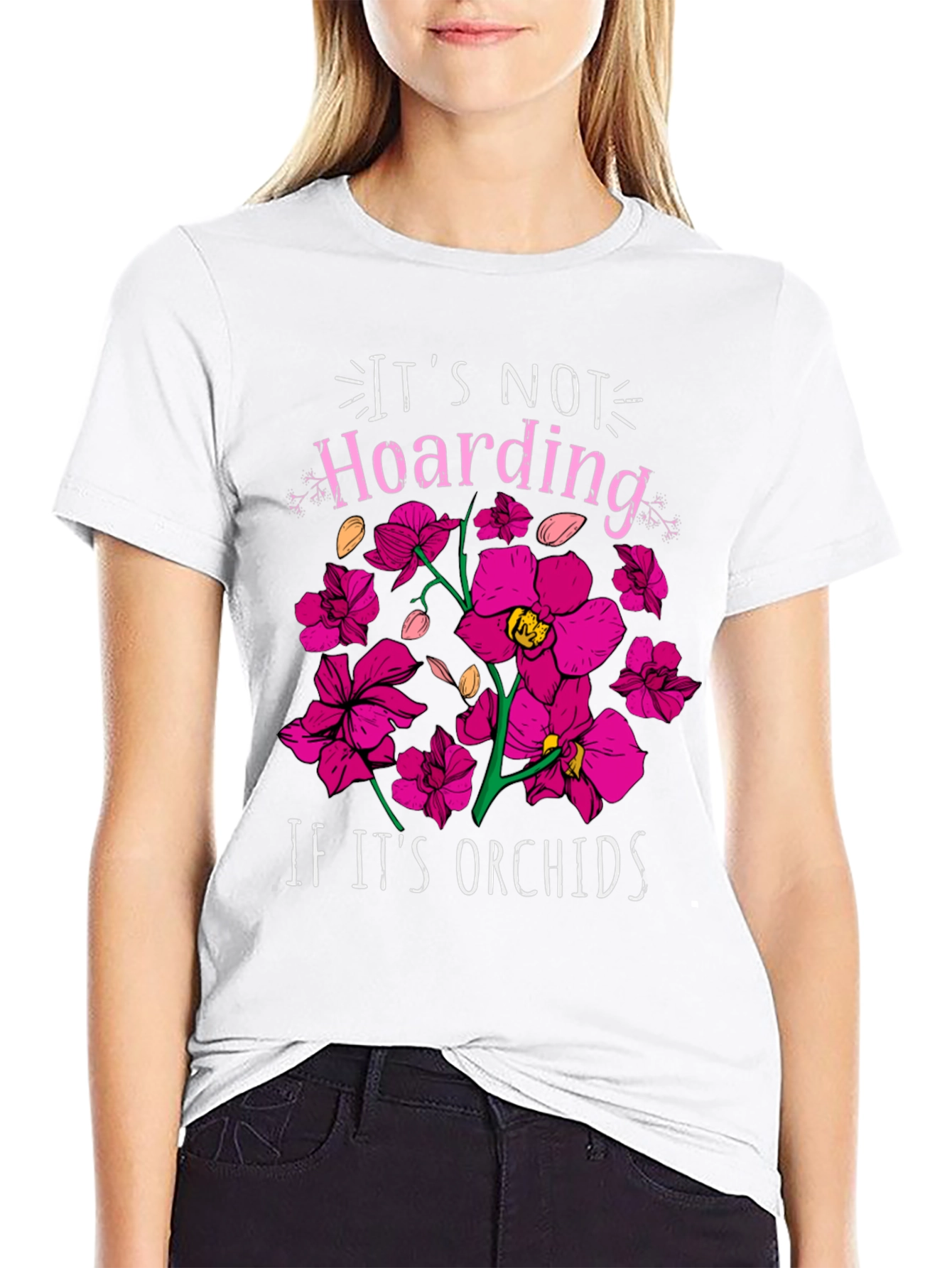 Camiseta Negra con Estampado de Orquídeas