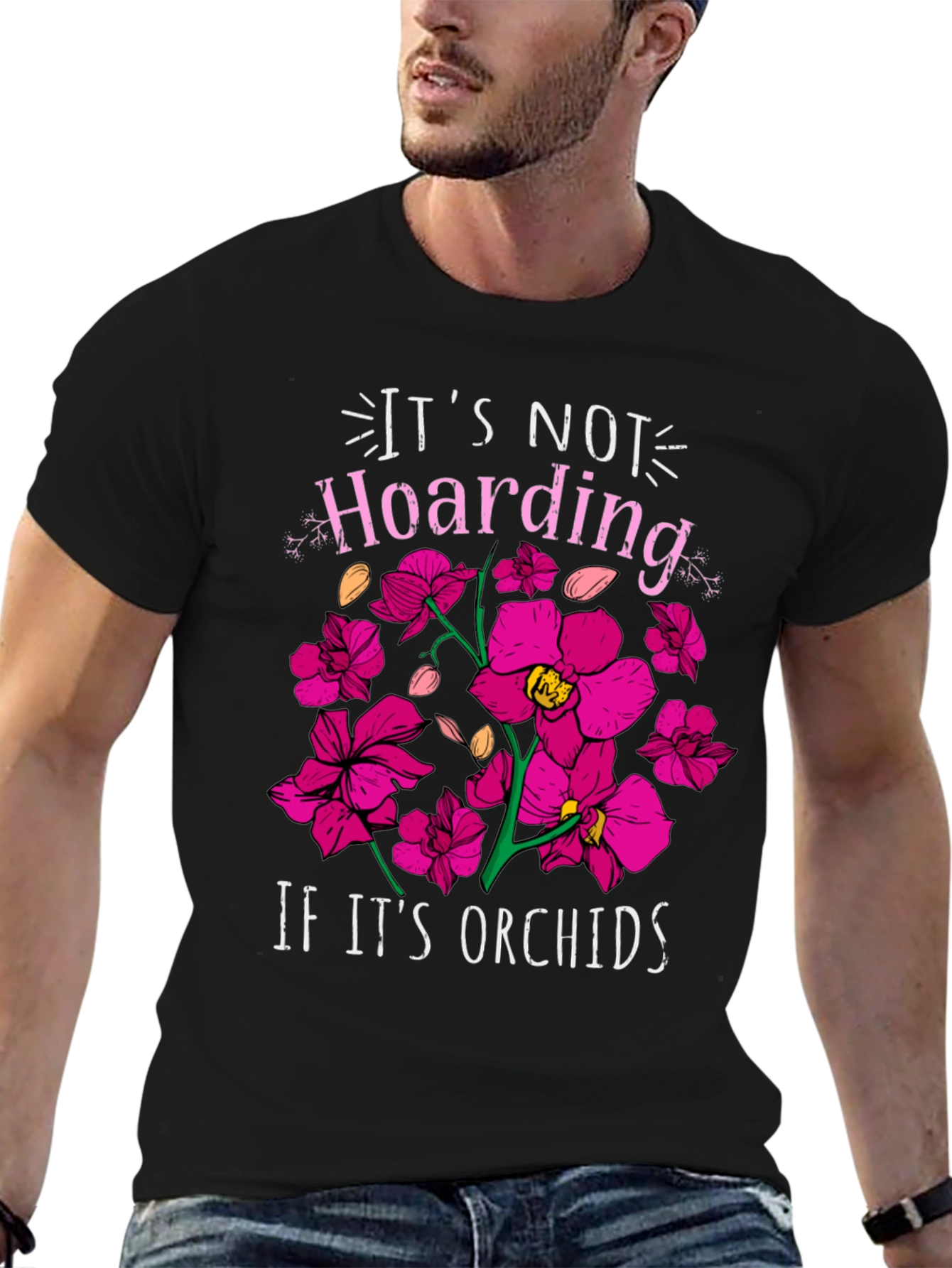 Camiseta Negra con Estampado de Orquídeas