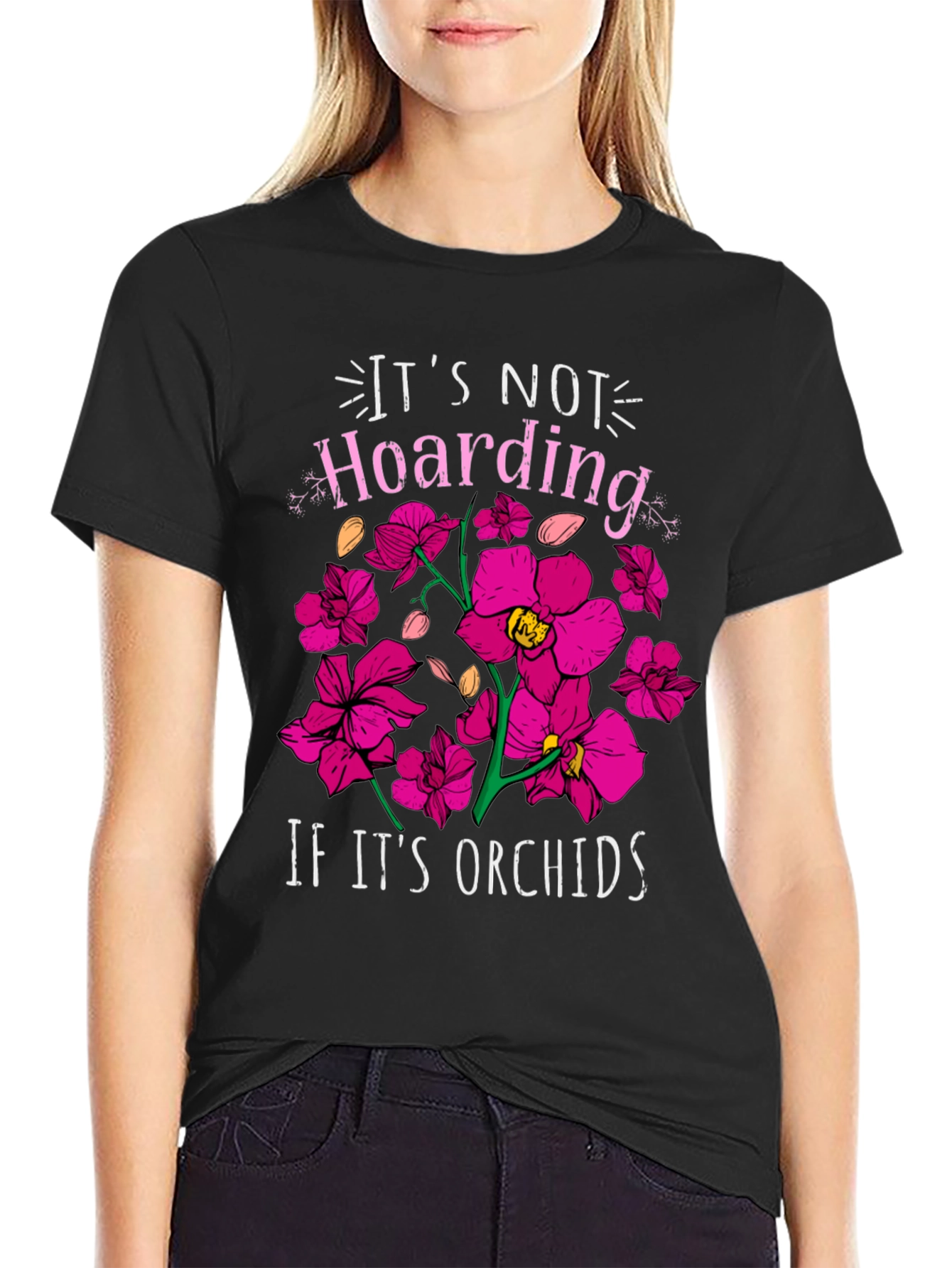 Camiseta Negra con Estampado de Orquídeas