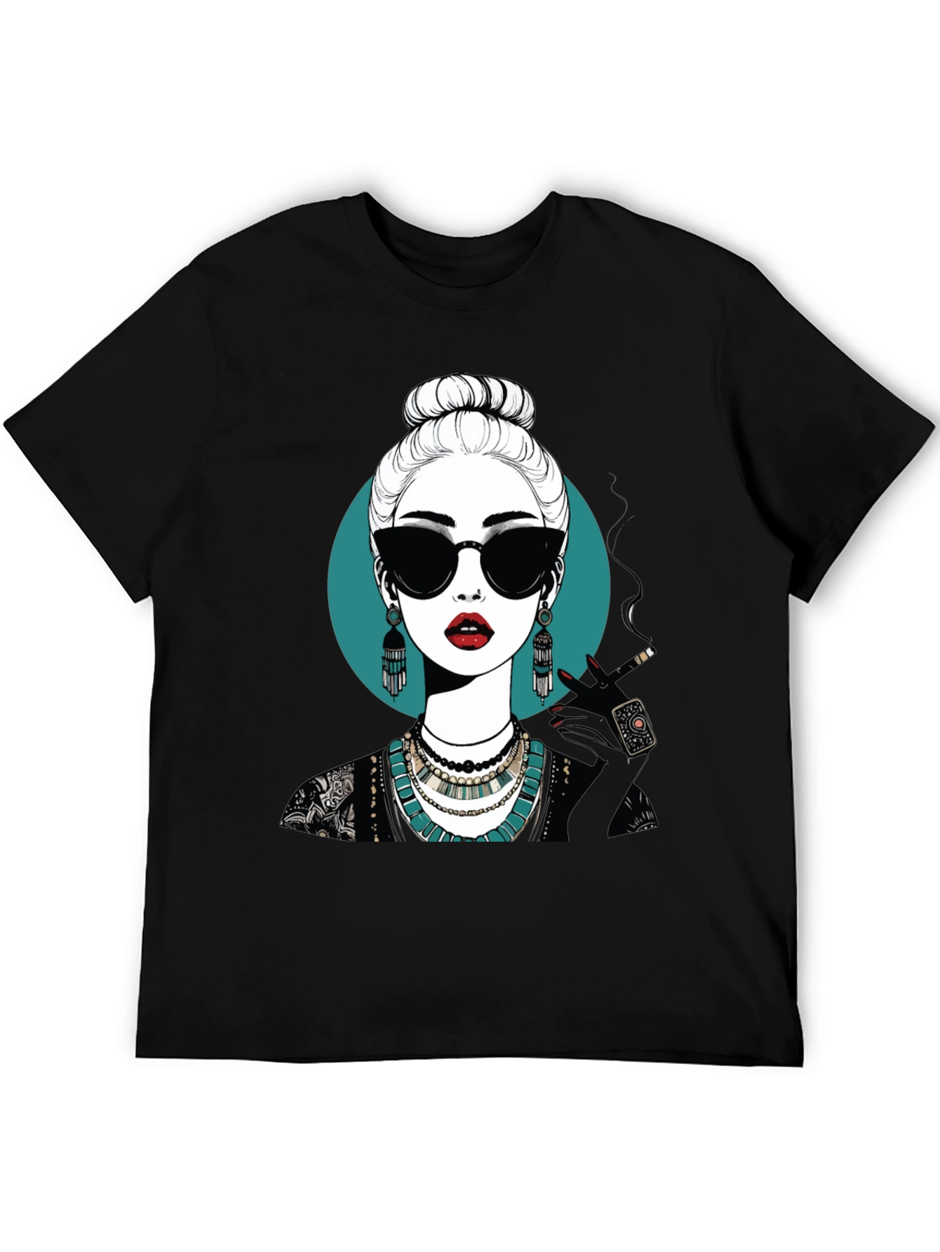 Camiseta Negra con Diseño Gráfico de Mujer Misteriosa