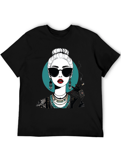 Camiseta Negra con Diseño Gráfico de Mujer Misteriosa