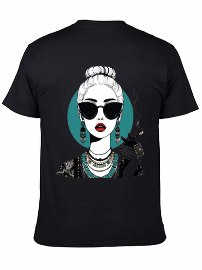 Camiseta Negra con Diseño Gráfico de Mujer Misteriosa