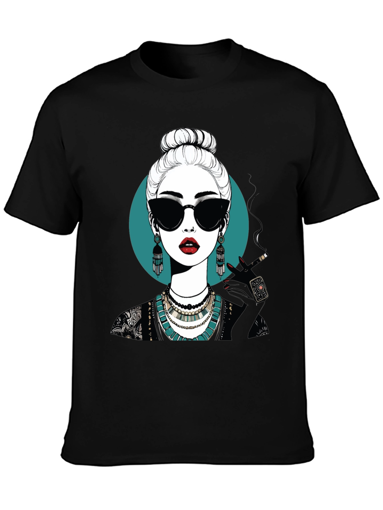 Camiseta Negra con Diseño Gráfico de Mujer Misteriosa