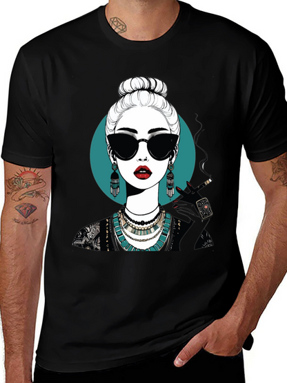 Camiseta Negra con Diseño Gráfico de Mujer Misteriosa