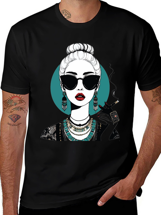Camiseta Negra con Diseño Gráfico de Mujer Misteriosa