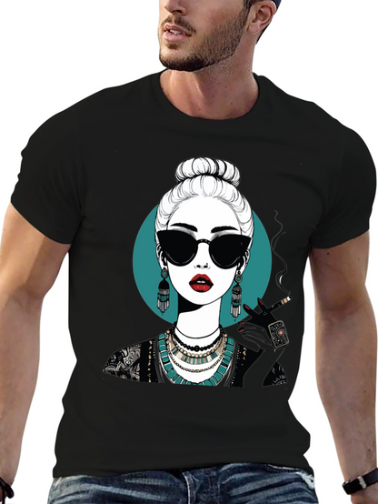 Camiseta Negra con Diseño Gráfico de Mujer Misteriosa