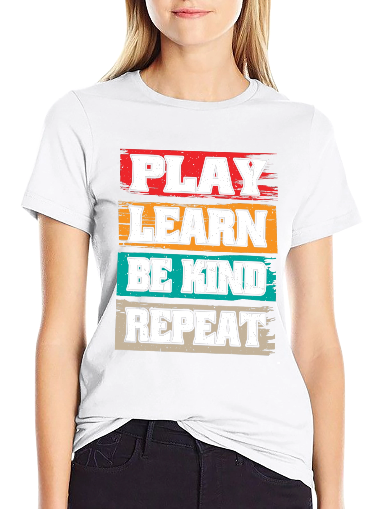 Camiseta Negra con Diseño Juega Aprende Sé Amable Repite