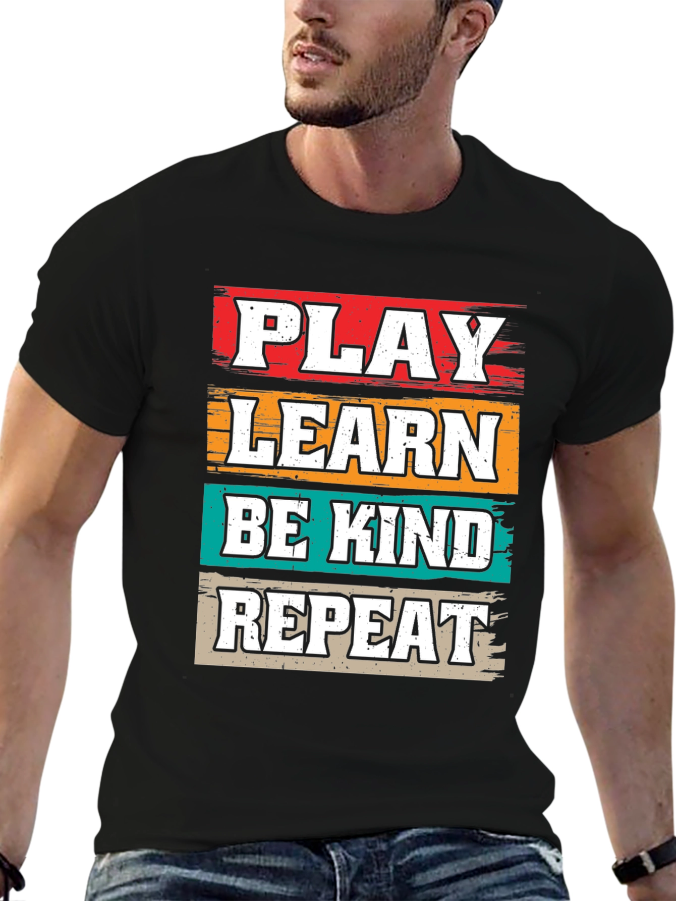 Camiseta Negra con Diseño Juega Aprende Sé Amable Repite