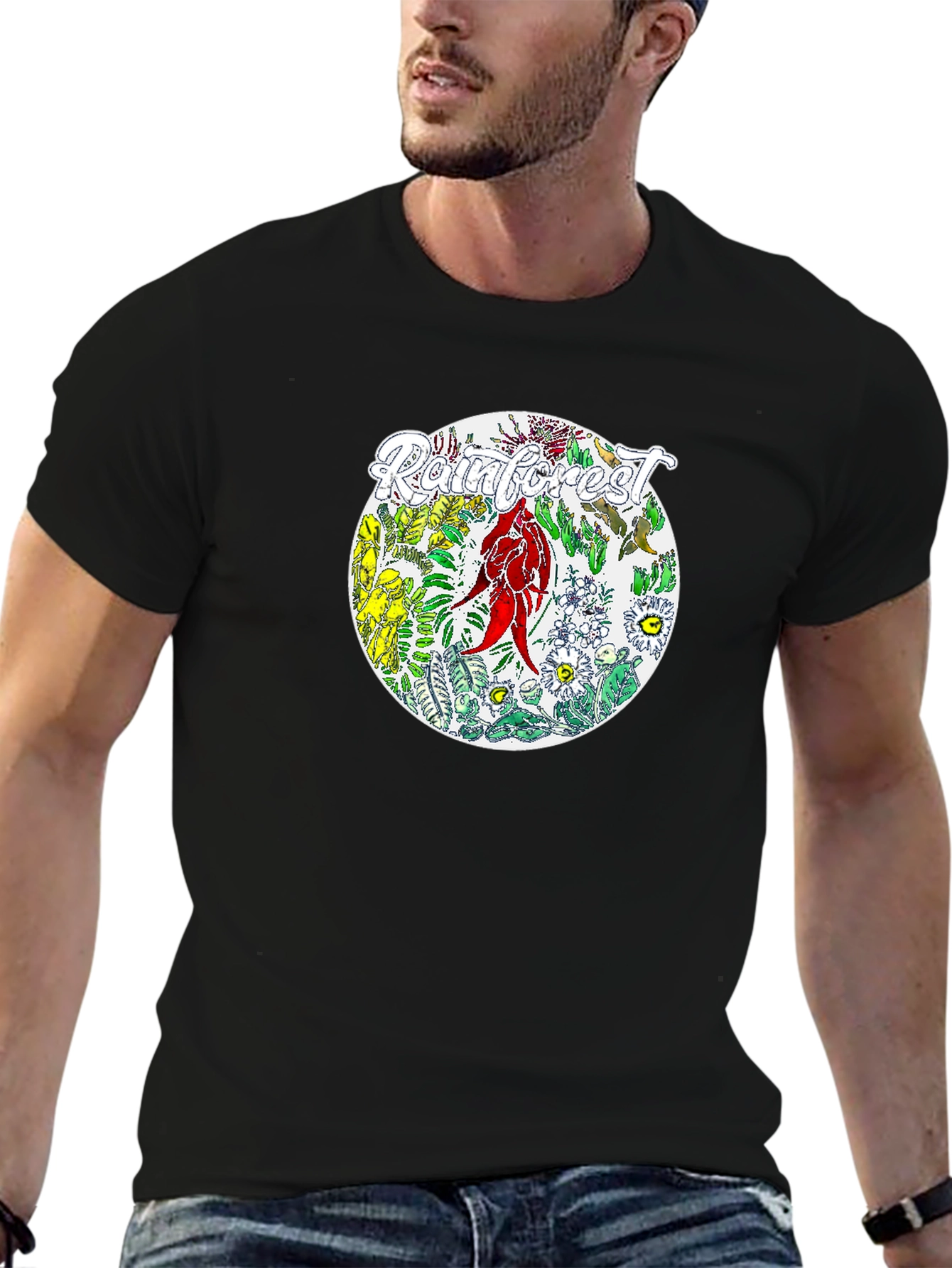 Camiseta Negra con Diseño de Selva Tropical