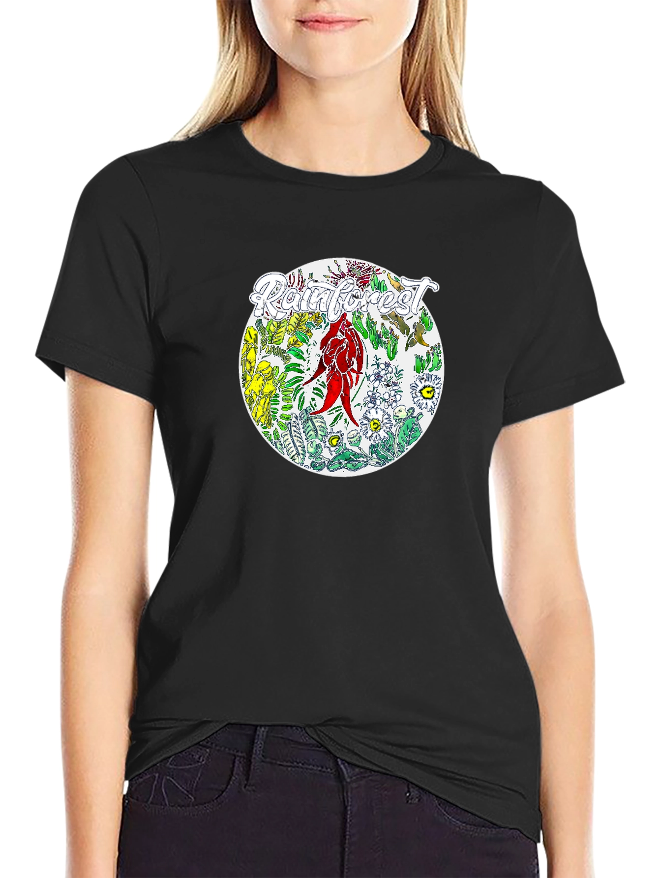 Camiseta Negra con Diseño de Selva Tropical