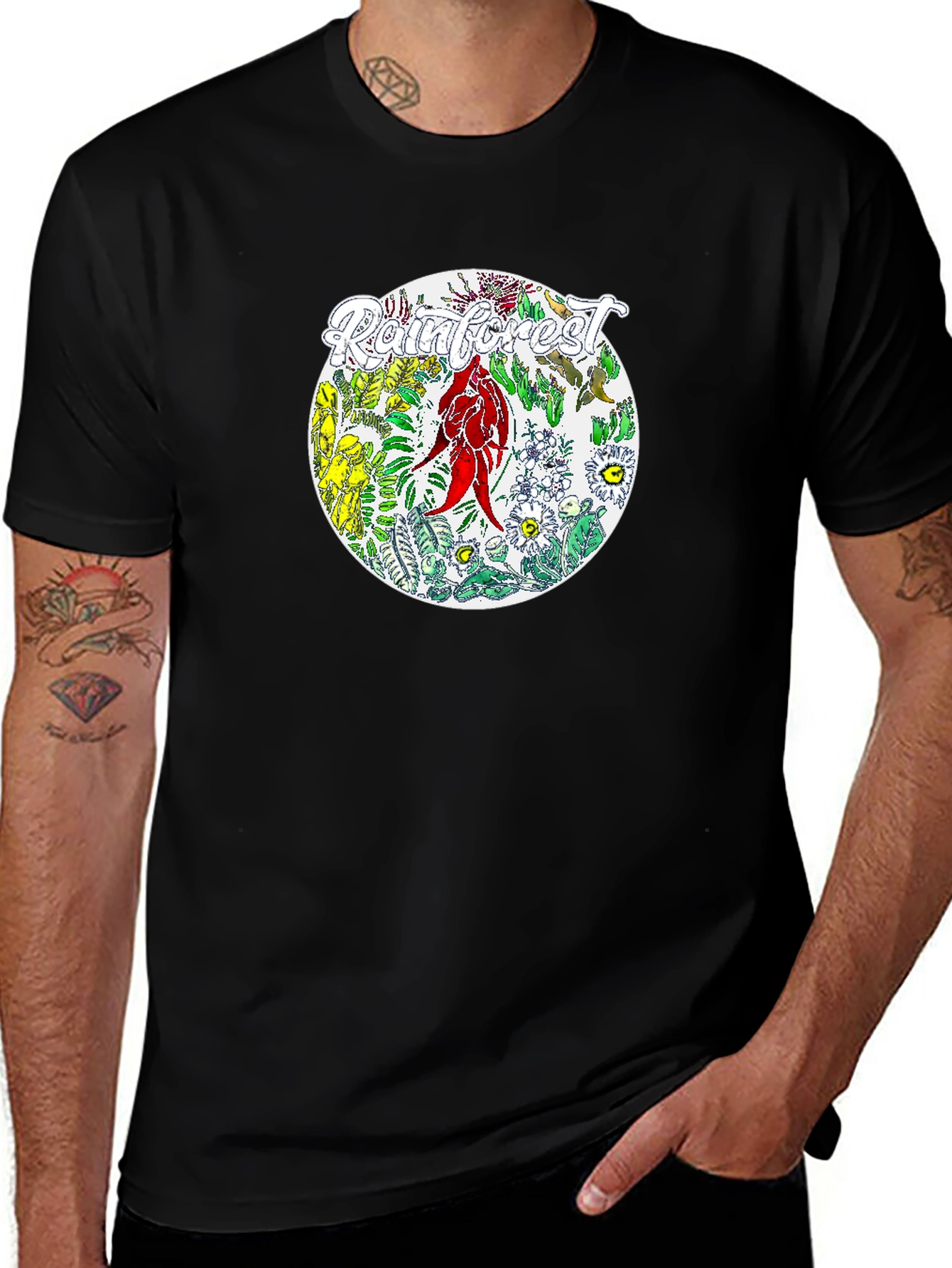 Camiseta Negra con Diseño de Selva Tropical