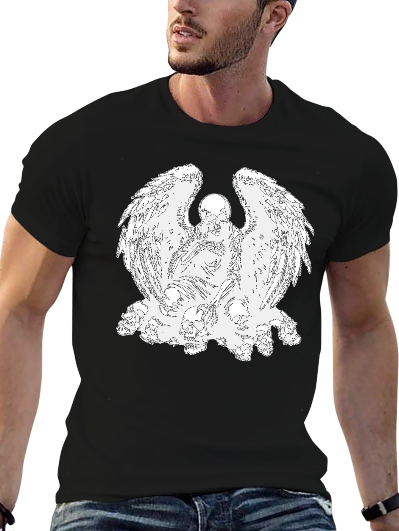 Camiseta Negra con Diseño de Ángel Esquelético