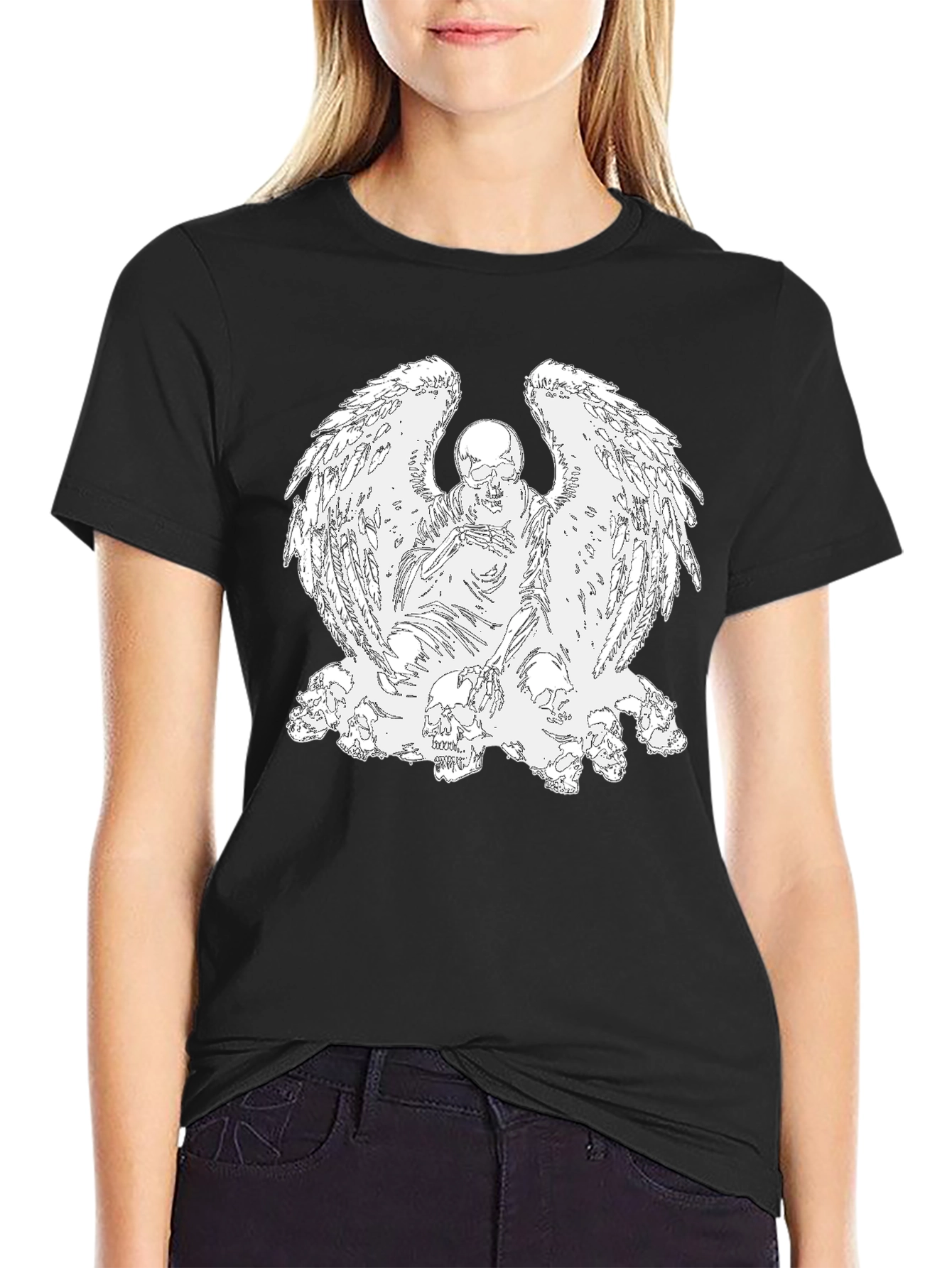 Camiseta Negra con Diseño de Ángel Esquelético