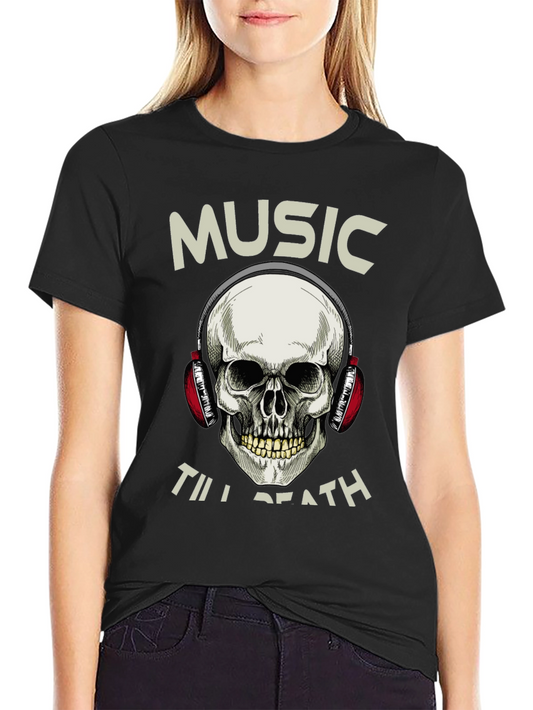 Camiseta Negra Música Hasta la Muerte con Cráneo y Audífonos