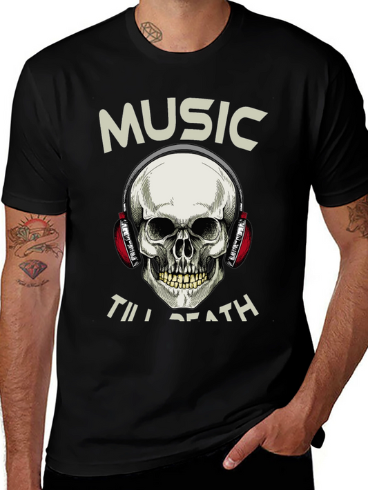 Camiseta Negra Música Hasta la Muerte con Cráneo y Audífonos