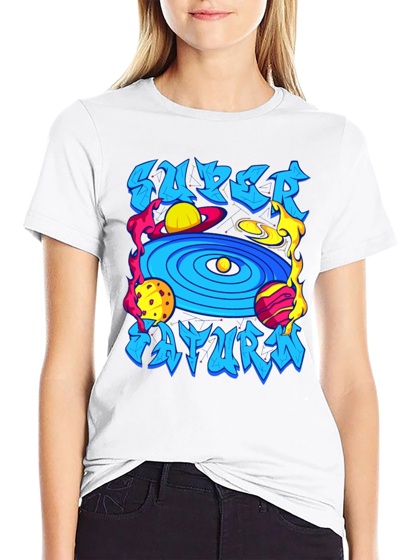 Camiseta Negra Super Saturno Estampada