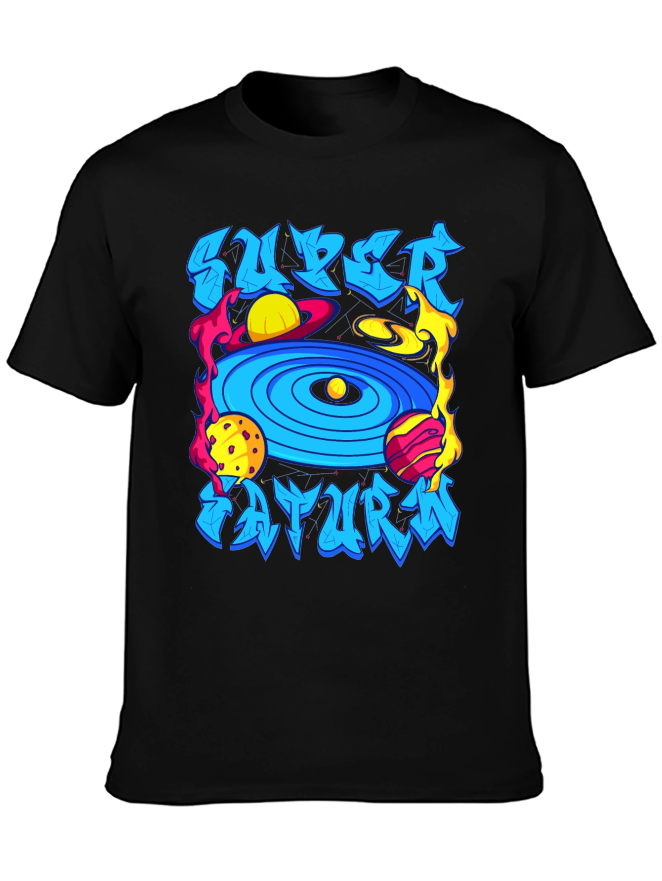 Camiseta Negra Super Saturno Estampada