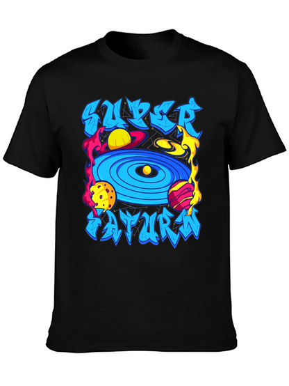 Camiseta Negra Super Saturno Estampada
