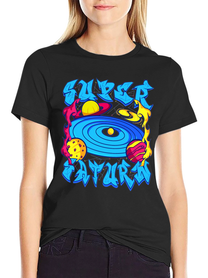 Camiseta Negra Super Saturno Estampada
